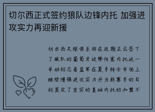 切尔西正式签约狼队边锋内托 加强进攻实力再迎新援 切尔西正式签约狼队边锋内托 加强进攻实力再迎新援